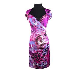 Vtg CACHE Dress Womens Size 2 Pink Tie Dye Animal Print Faux Wrap Sheath USA Y2K